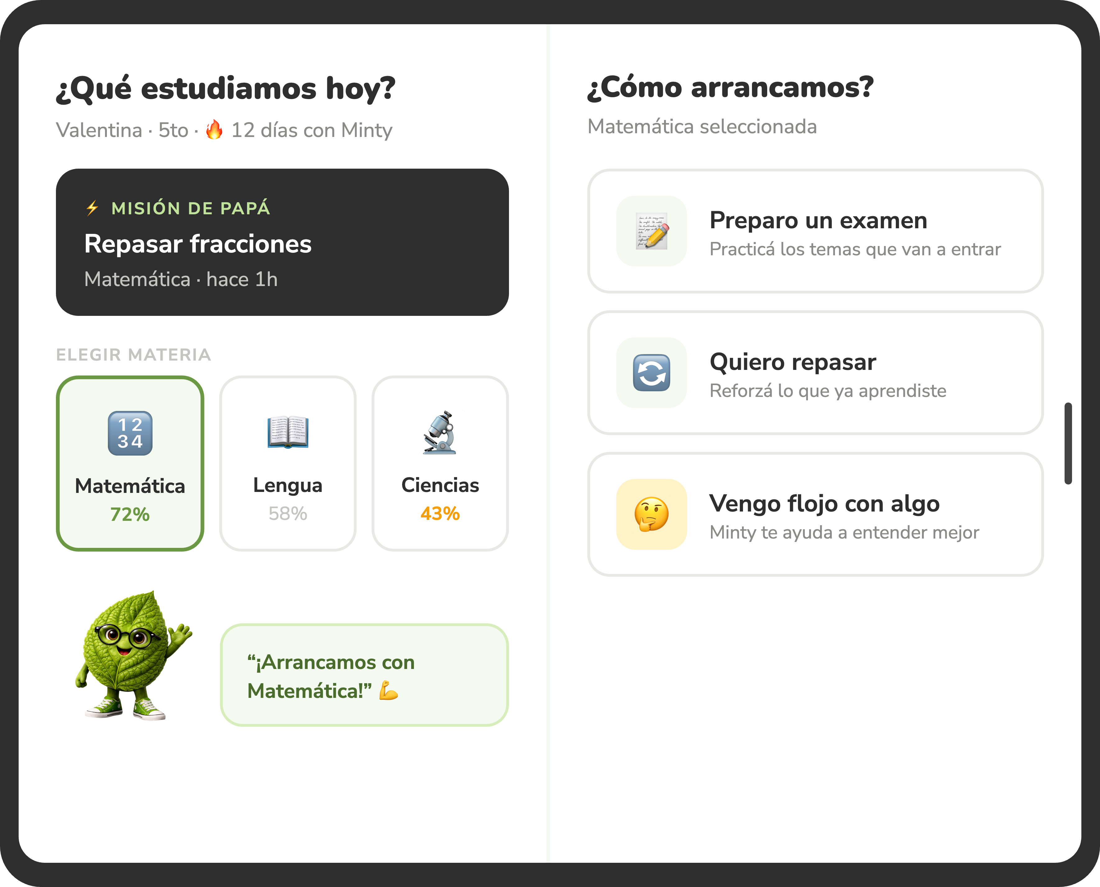 Pantalla de estudio de méntia con Minty
